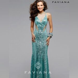 Stunning Mermaid Faviana prom sequin gown, seafoam aqua green # 7331 0 & 2 NWT